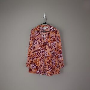Rachel Zoe Linen Floral Button Down Shirt Roll Tab Sleeves - Women's Large